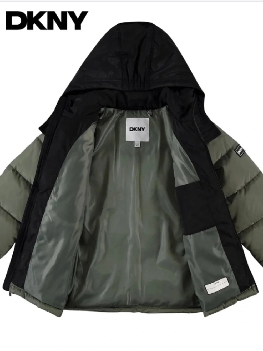 DKNY Boys Olive Green Puffer Jacket with Black Hood